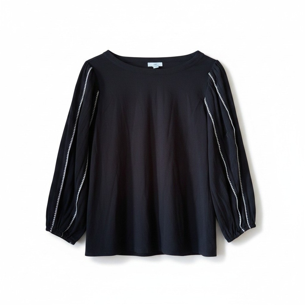 J. Jill Black Mixed Media Balloon Sleeve Knit Top Cotton Tencel Modal Small
